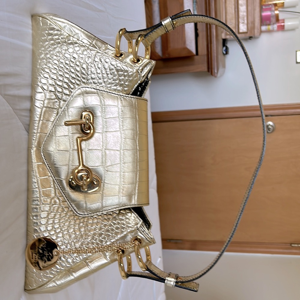 Tanner Krolle gold croc embossed leather evening bag NWOT suede lined w/ brass